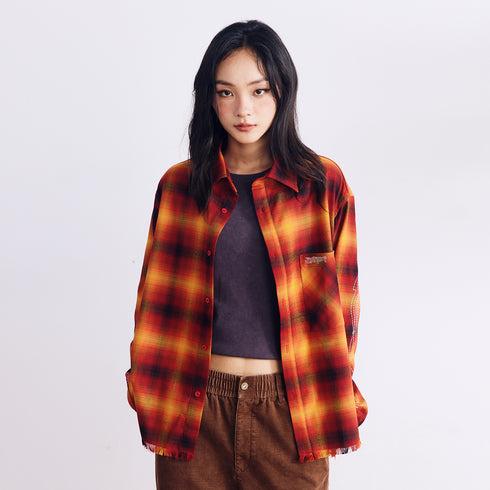 BURNIN* “97’series” raw edge destroyed plaid embroidered shirt