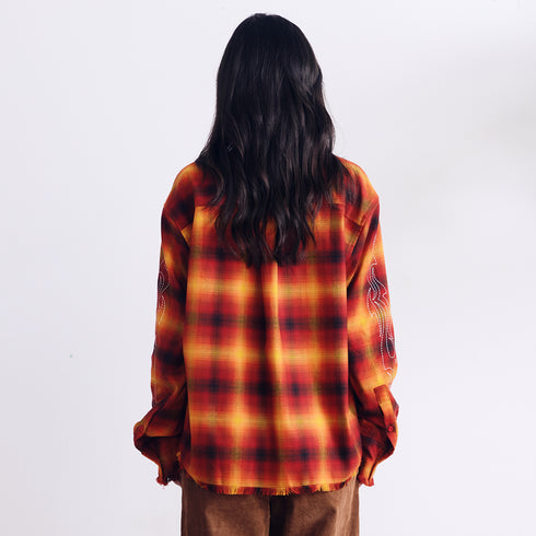 BURNIN* “97’series” raw edge destroyed plaid embroidered shirt