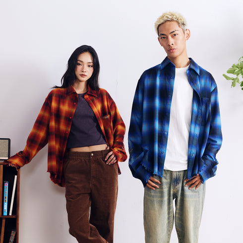 BURNIN* “97’series” raw edge destroyed plaid embroidered shirt