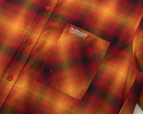BURNIN* “97’series” raw edge destroyed plaid embroidered shirt