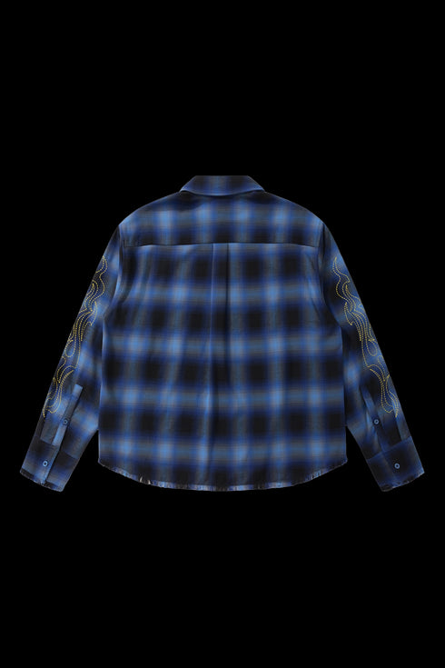 BURNIN* “97’series” raw edge destroyed plaid embroidered shirt